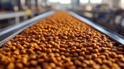 Fototapeta premium Close-up view of a conveyor belt filled with golden-brown snacks in a busy factory setting