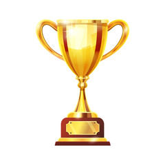 A golden trophy with elegant handles, mounted on a wooden base with a gold plaque, symbolizing success, achievement, and recognition.