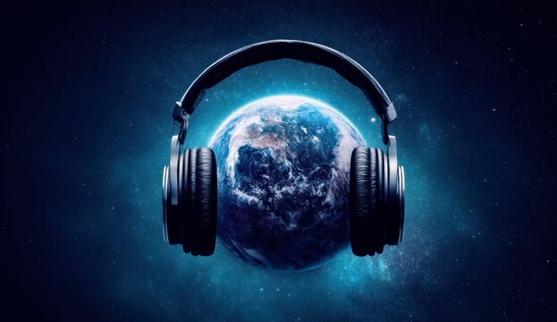 Earth enveloped by headphones, representing global music accessible throughout the cosmos.
