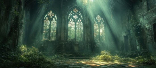 Obraz premium Sunbeams in an Overgrown Cathedral Ruin