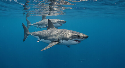 Great White Sharks Swimming Together Underwater in Ocean