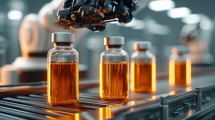 Robotic arm carefully manages the production of medical bottles on an automated assembly line, in the factory.
