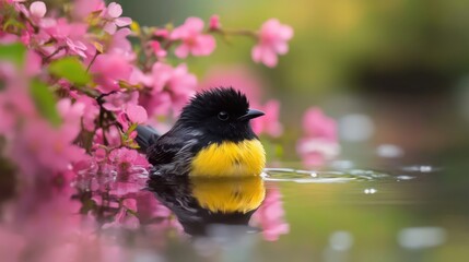 Close-Up of Fluffy Black and Yellow Bird in Shallow Pond with Pink Flowers and Serene Spring Lighting