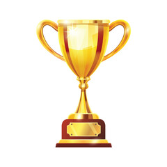 A golden trophy with elegant handles, mounted on a wooden base with a gold plaque, symbolizing success, achievement, and recognition.