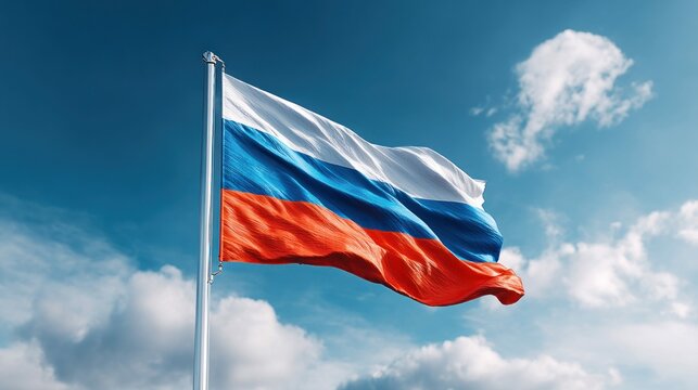 The Russian flag flutters gently in the breeze against a beautiful, bright blue sky with some clouds.