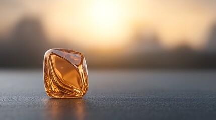 Golden translucent cube on surface with blurry city skyline and golden sunset background