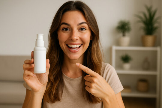 Smiling female influencer holding beauty product toward camera, digital advertising concept