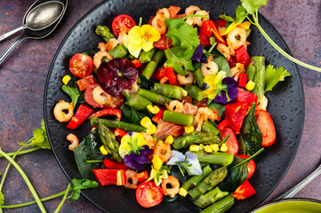 Fresh healthy shrimp salad, modern kitchen.