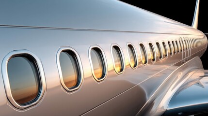 The side of a modern, silver airplane reveals a row of windows with beautiful reflections.