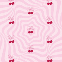 Pattern coquette red cherry with line gift bow. Vector Illustration of pink girly vintage bows and cherries. Cute trendy line art. Red ribbons. Trendy girls decoration. Ice cream background pink color
