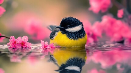 Close-Up of Fluffy Black and Yellow Bird in Shallow Pond with Pink Flowers and Serene Spring Lighting