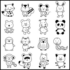 楽しいポーズの動物キャラクターセット（体付きイラスト）　白黒