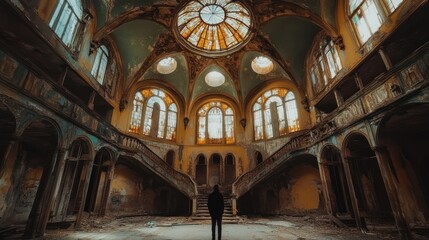 Obraz premium Exploring the Eerie Grandeur: A Decaying Mansion's Intriguing Interior
