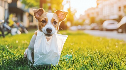 Cute pet dog sitting on park lawn, with a poop waste bag dispenser in its mouth, background softly blurred, humorous and responsible pet-owner message, waste recycle and social responsibility concept