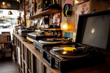 Obraz premium Vinyl Records Spin: Enjoying Analog Music on Turntables in a Cozy Shop Setting