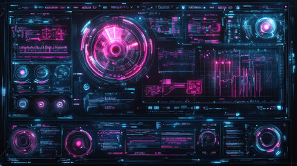 Fototapeta premium Futuristic holographic UI display with neon pink & cyan glow, floating tech elements, digital grid lines, and cybernetic texture in ultra HD. Perfect for sci-fi, tech, and cyberpunk themes.