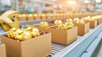 Chocolate Factory Conveyor, Cardboard boxes glide along a conveyor belt, filled with delectable treats and sealed in shimmering gold foil, creating an atmosphere of sweet anticipation.