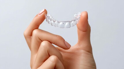 Close-up of a hand holding a clear aligner against a clean, light-toned backdrop.