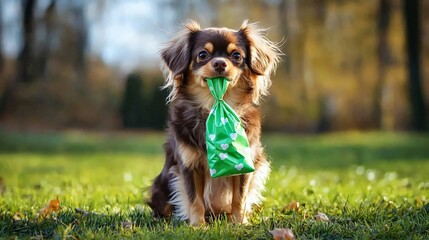 Cute pet dog sitting on park lawn, with a poop waste bag dispenser in its mouth, background softly blurred, humorous and responsible pet-owner message, waste recycle and social responsibility concept