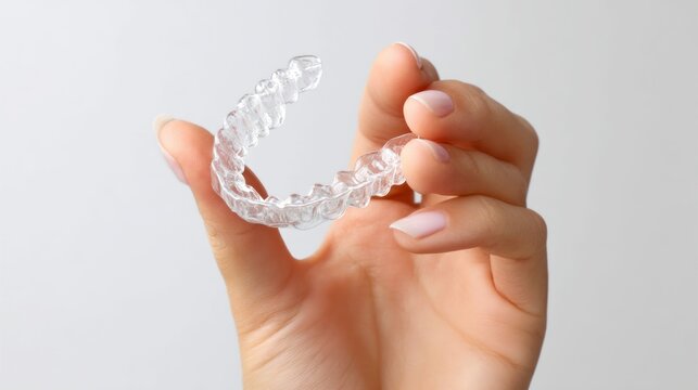 A close-up shot of a hand holding a clear dental retainer against a plain white background.