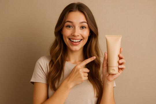 Smiling female influencer holding beauty product toward camera, digital advertising concept