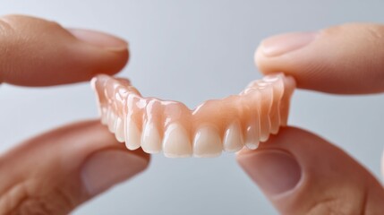 Hands delicately holding a set of upper dentures against a clean, light background in close-up.