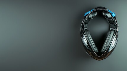 Headphones on dark surface, sleek black design with blue accents