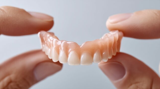Hands delicately holding a set of upper dentures against a clean, light background in close-up.