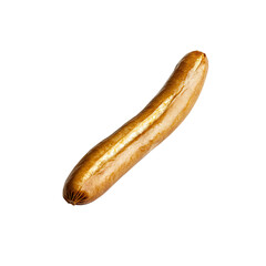 A single, whole, light brown sausage, seemingly cooked, presented against a vibrant, slightly angled red background.