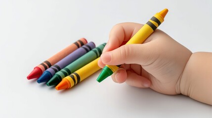 A child's hand delicately grips a yellow crayon alongside other colorful drawing tools.