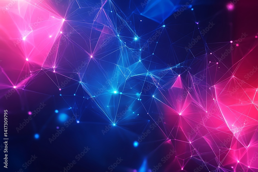Fototapete abstract connection plexus structure with lines, dots, and pink blue gradient