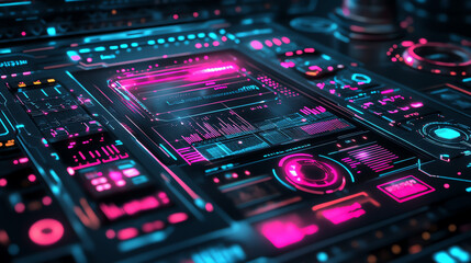 Fototapeta premium Futuristic holographic UI display with neon pink & cyan glow, floating tech elements, digital grid lines, and cybernetic texture in ultra HD. Perfect for sci-fi, tech, and cyberpunk themes.