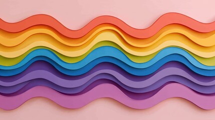 Layered rainbow wavy paper design on a pastel pink background.