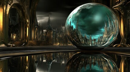 Reflective Orb: A futuristic cityscape captured within a crystal sphere, set against a backdrop of ornate, golden architecture.