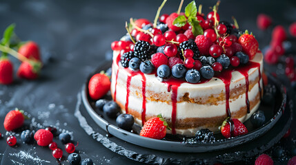 Exquisite homemade cake decorated with fresh berries on a dark background for food enthusiasts