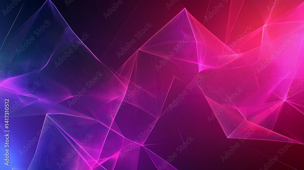 Poster abstract pink geometric landscape with glowing lines and mesh polygon surface