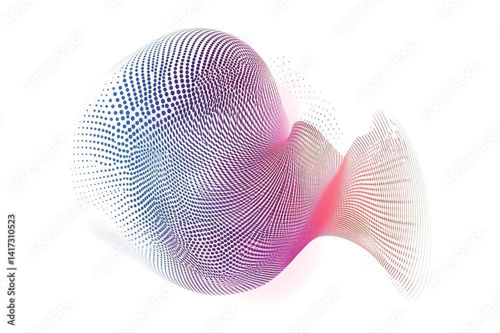 Poster abstract sphere with halftone dots on white background, wavy gradient texture