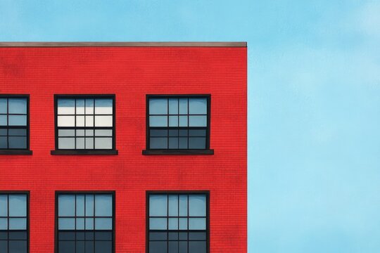A red brick building with black windows stands against a blue sky. - Powered by Adobe