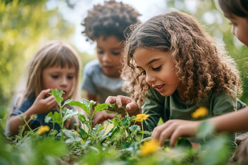 Kids participating in a nature based learning activity outdoors, exploring with guidance from an educator in a vibrant and interactive environment.

