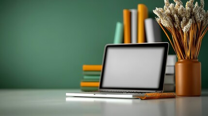 Laptop mockup with vase, books on a desk against a green background creates a cozy, studying mood