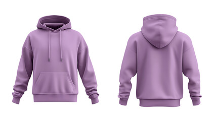 Front and back view of a lavender hooded sweatshirt on a trasparent background