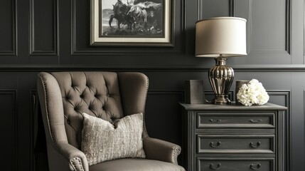 Darkly-toned room features an upholstered wingback chair.
