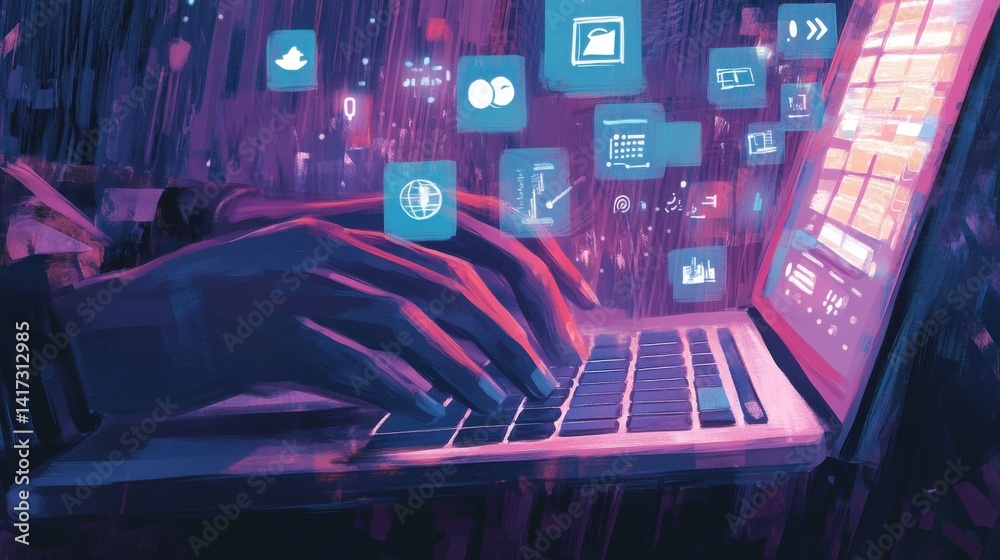 Poster person using laptop with digital icons for analytics and automation floating above the keyboard illu