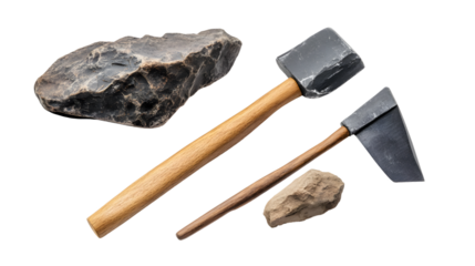 Replica Caveman Tools Isolated on White Background for Historical and Educational Purposes
