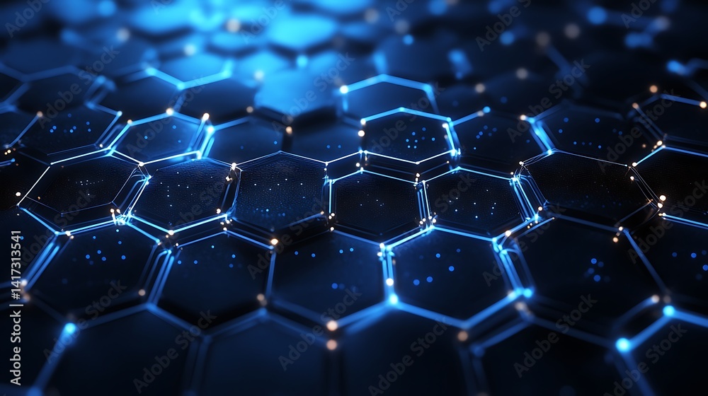 Poster dark hexagon pattern with blue glowing outlines connected nodes on geometric surface