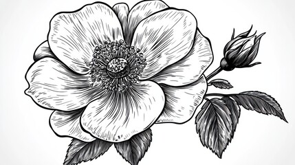 Fototapeta premium Wildflower rosa canina in a vector style isolated. Black and white engraved ink art. Vector flower for background, texture, wrapper pattern, frame or border.