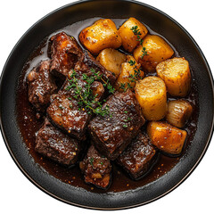 Top view of a delicious looking Sauerbraten mit Knödeln on a dark plate isolated on a white transparent background.
