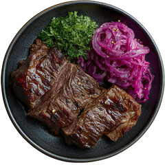 Top view of a delicious looking Sauerbraten mit Rotkohl on a dark plate isolated on a white transparent background.