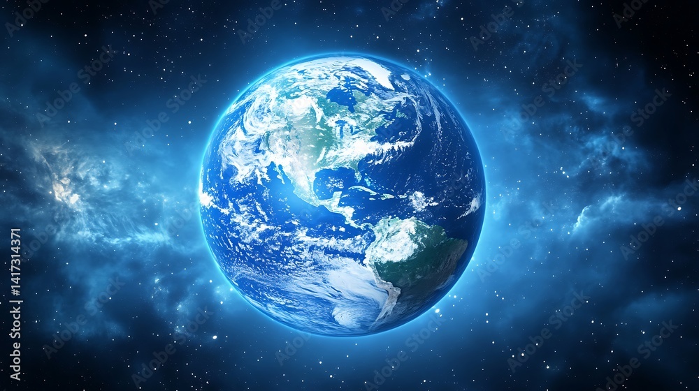 Poster earth planet with blue atmosphere in space with nebula and many stars visible