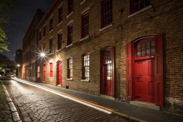 Fototapeta premium Red doors and windows punctuate a brick facade, a long exposure revealing urban architecture's textured charm.